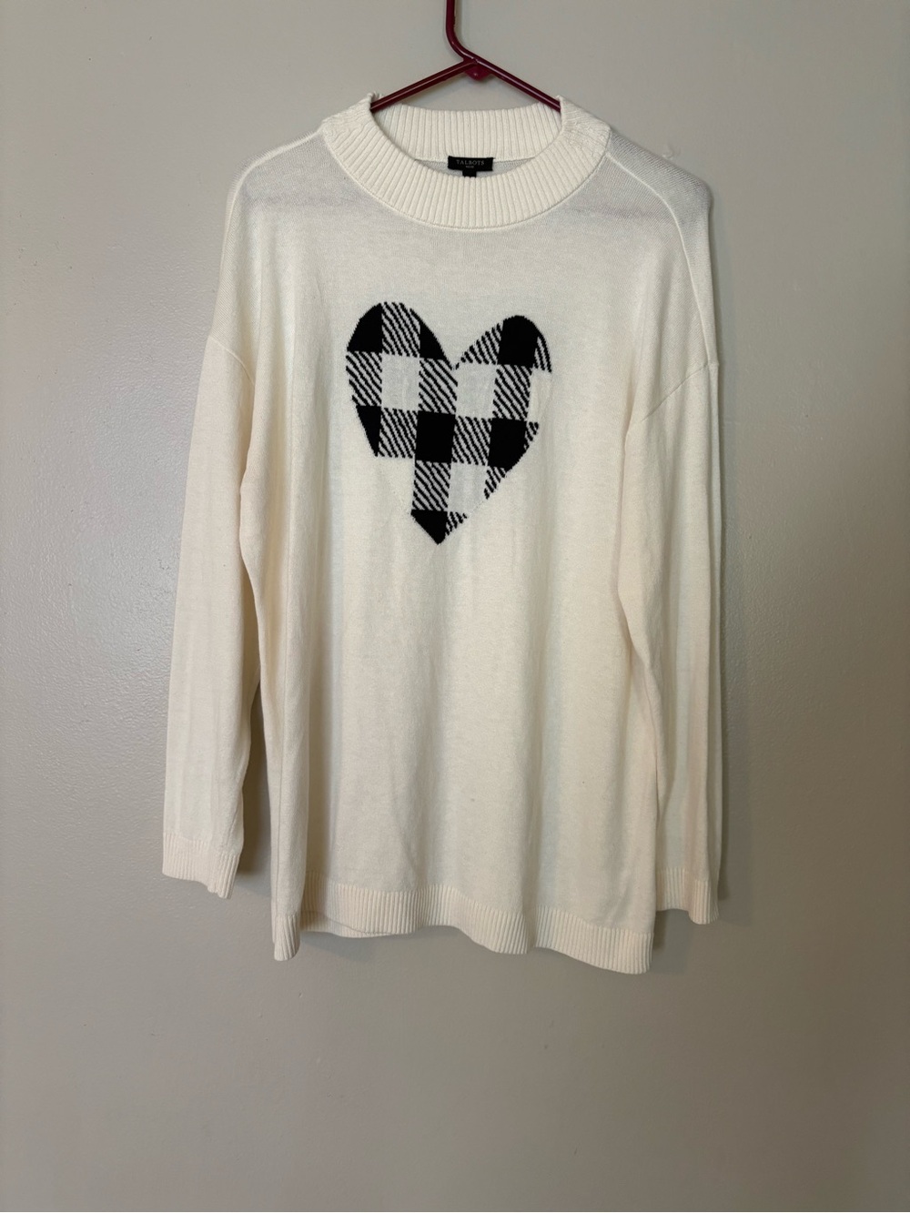 Talbots Cream Sweater with Black Buffalo Check Heart